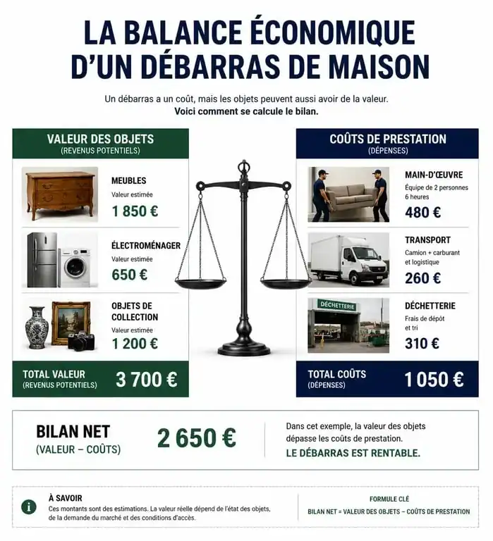 Infographie expliquant le fonctionnement du débarras gratuit d'une maison par valorisation des objets