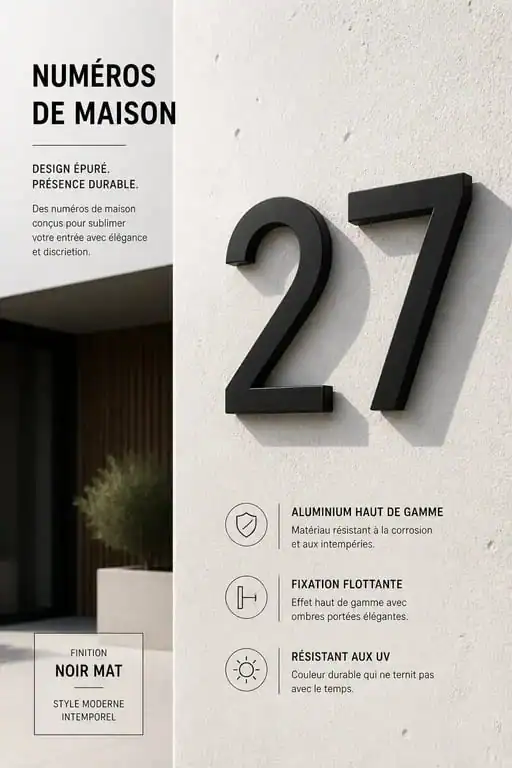 Numéro de maison design en aluminium noir mat fixé sur une façade moderne