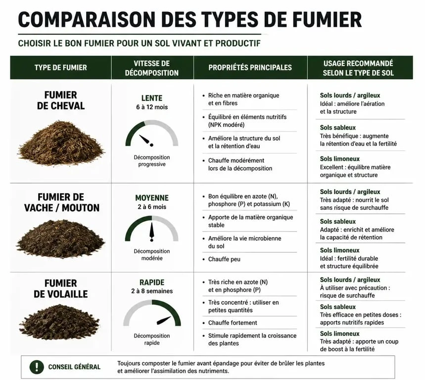 Infographie comparative des types de fumier pour le jardinage
