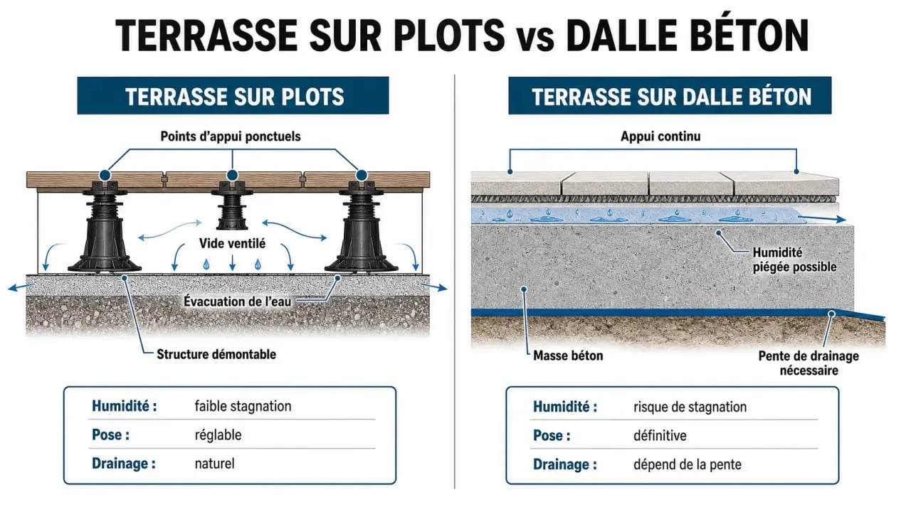 Comparatif technique : inconvénient terrasse sur plot vs dalle béton