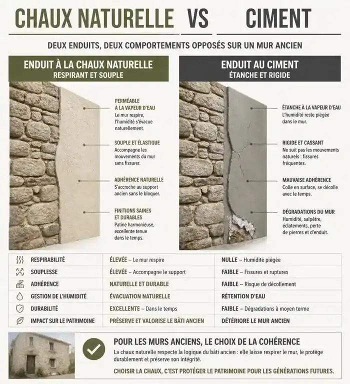 Comparaison entre enduit patrimoine à la chaux et enduit ciment pour façade ancienne