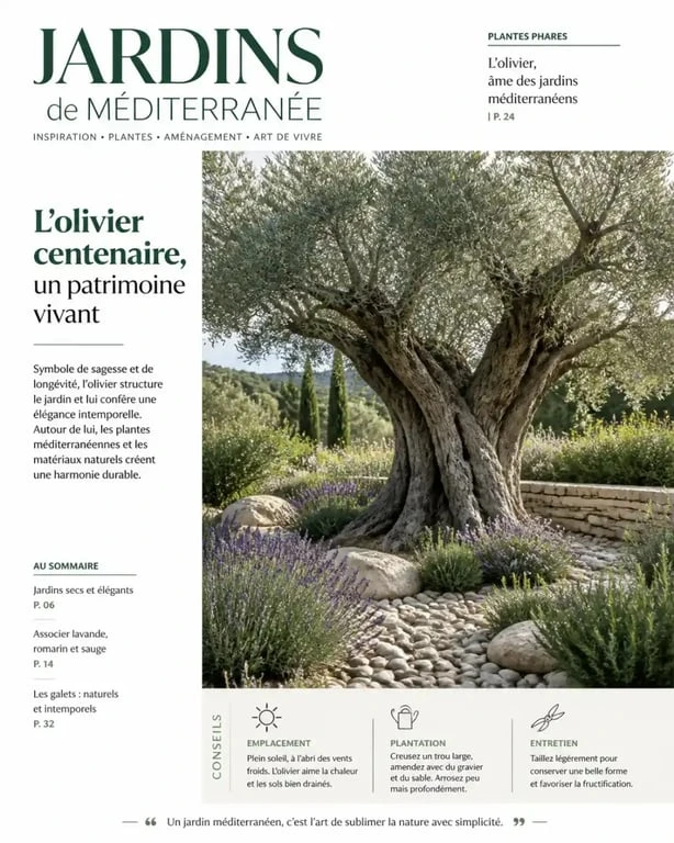 Aménagement paysager d'un olivier dans un jardin méditerranéen avec plantes aromatiques et paillage minéral