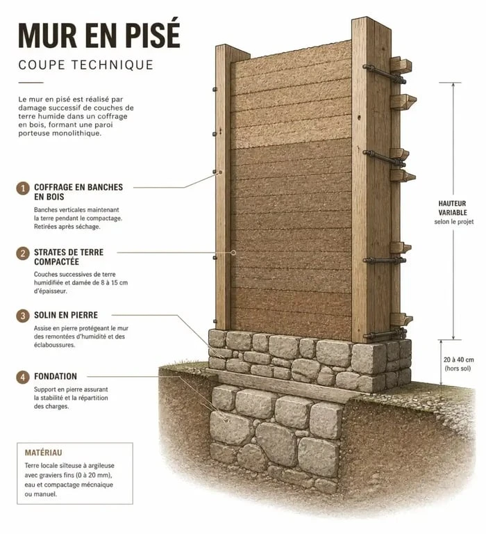 Schéma technique d'un mur en pisé montrant la structure et le solin