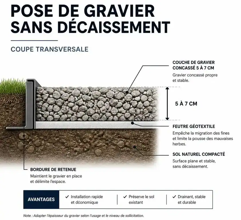Schéma technique de pose de gravier sans décaissement avec géotextile et bordures