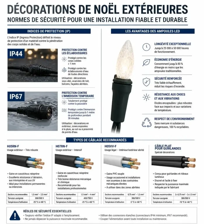 Infographie des normes de sécurité et critères techniques pour la décoration de Noël extérieure