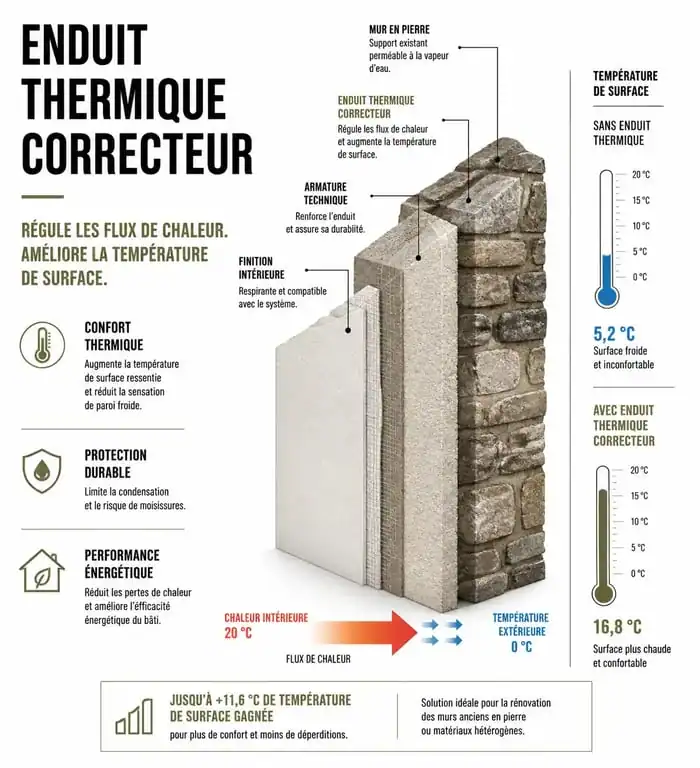 Schéma illustrant le fonctionnement d'un enduit correcteur thermique sur un mur en pierre pour améliorer le confort intérieur.