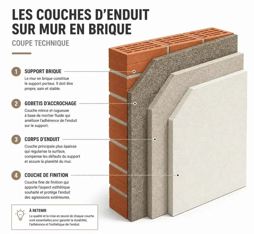 Schéma en coupe des couches d'un enduit sur brique pour une rénovation réussie