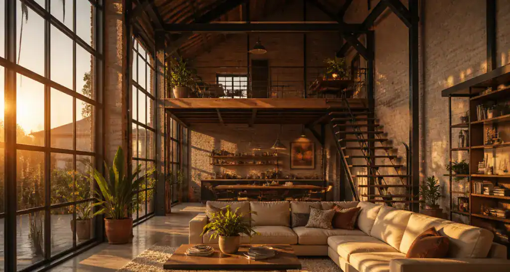 hangar aménagé en maison avec grandes baies vitrées