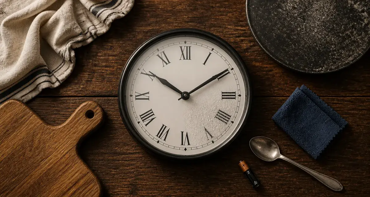 Horloge cuisine sur fond de cuisine, cadran blanc émaillé