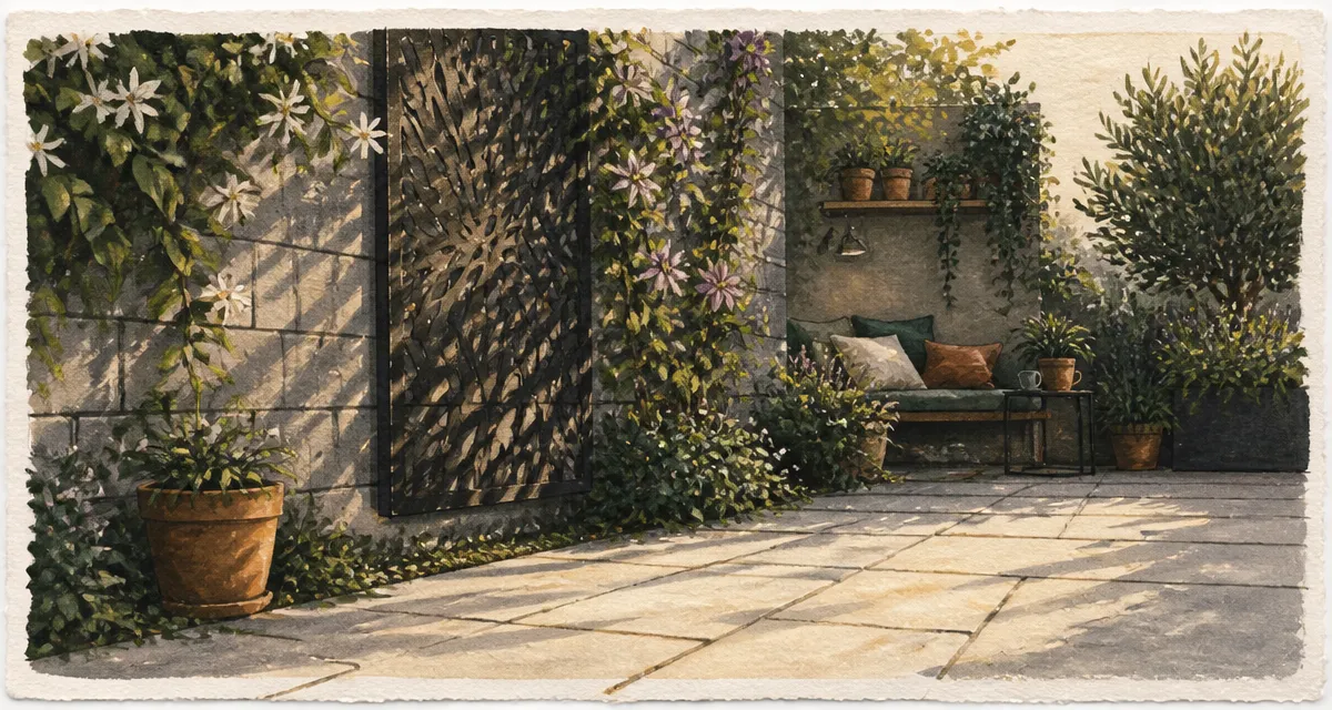 Idee pour cacher un mur exterieur : plantes grimpantes et panneau décoratif sur mur extérieur
