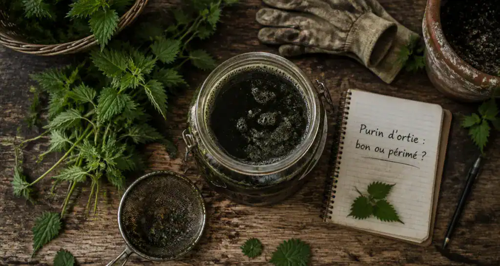 purin d'ortie périmé dans bocal avec outils jardin