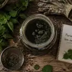 purin d'ortie périmé dans bocal avec outils jardin