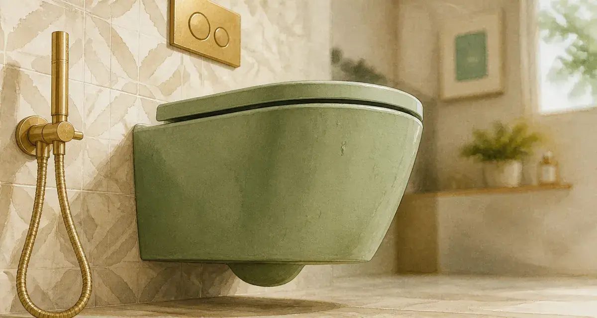 Toilette coloré vert sauge, WC moderne laiton, vue en contre-plongée
