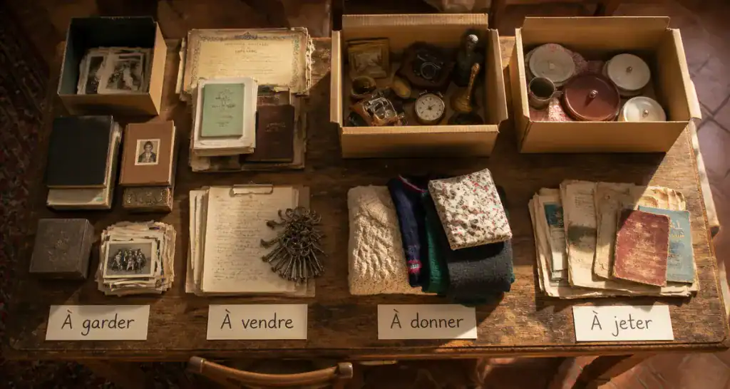 Vidage maison tri objets sur table