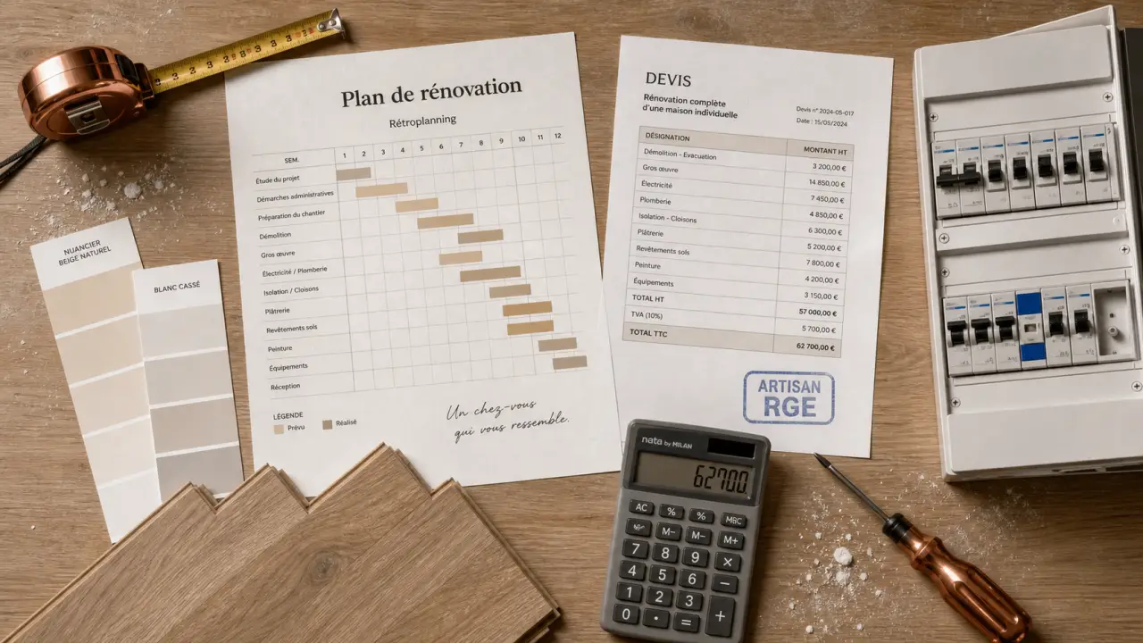 Plan de rénovation avec artisan RGE, mètre ruban et devis — artisan renovation eu conseils travaux et diy