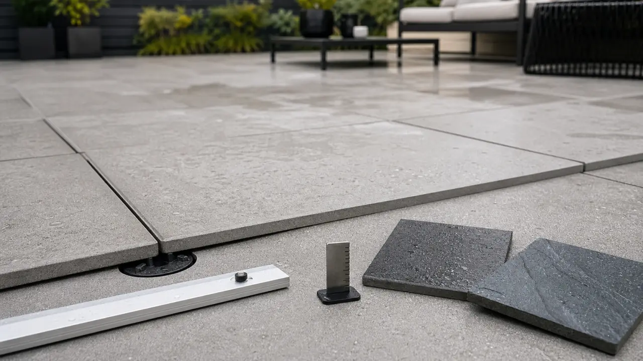 Carrelage terrasse moderne effet béton sur plots, dalles grises mates