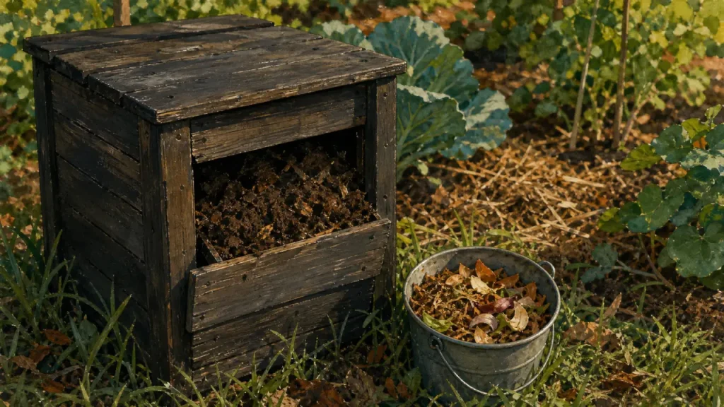 Composteur jardin 300L, compost brun prêt et matières sèches