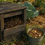 Composteur jardin 300L, compost brun prêt et matières sèches