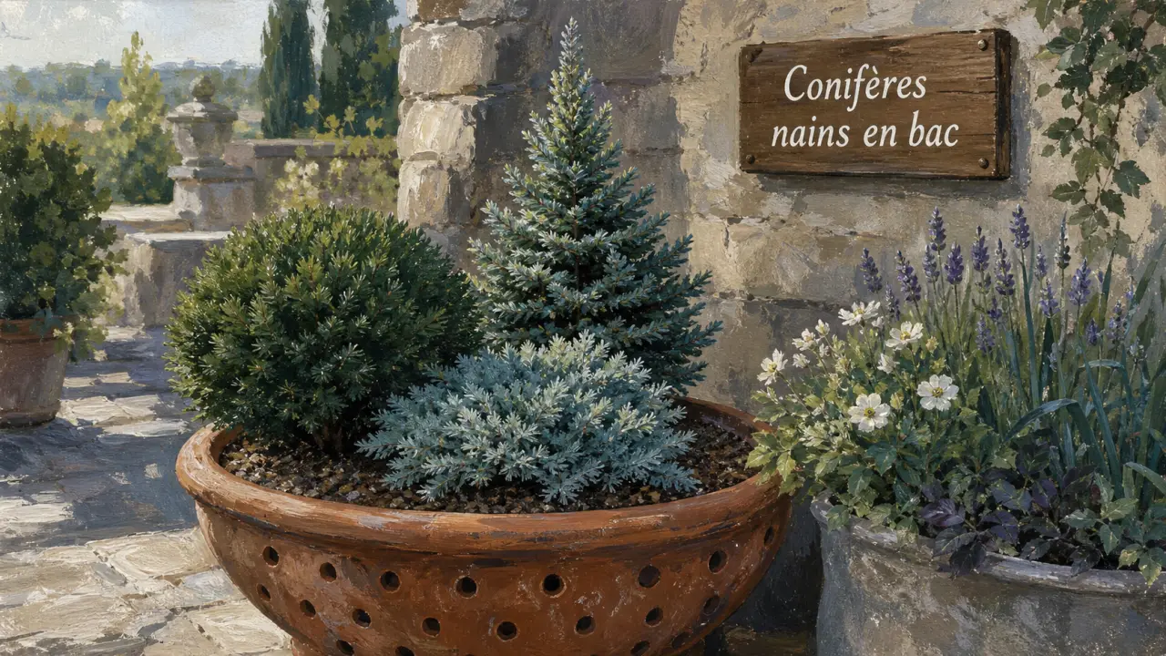 Conifère nain pour bac en terre cuite sur terrasse, genévrier bleu et conifères nains toute l’année