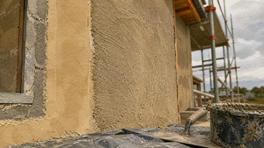 Crépi ou enduit extérieur : façade en parpaing, enduit beige et crépi texturé gris