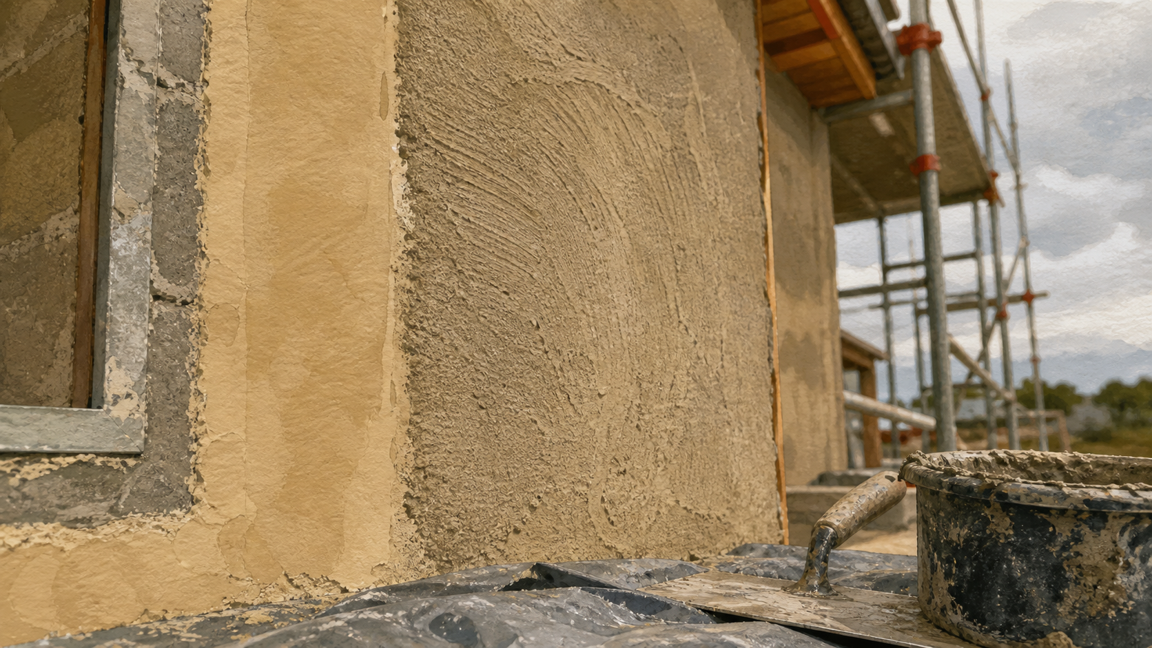 Crépi ou enduit extérieur : façade en parpaing, enduit beige et crépi texturé gris