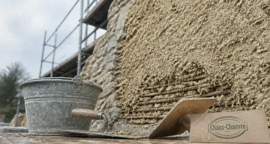 Enduit chaux chanvre exterieur : mur ancien enduit frais au chantier