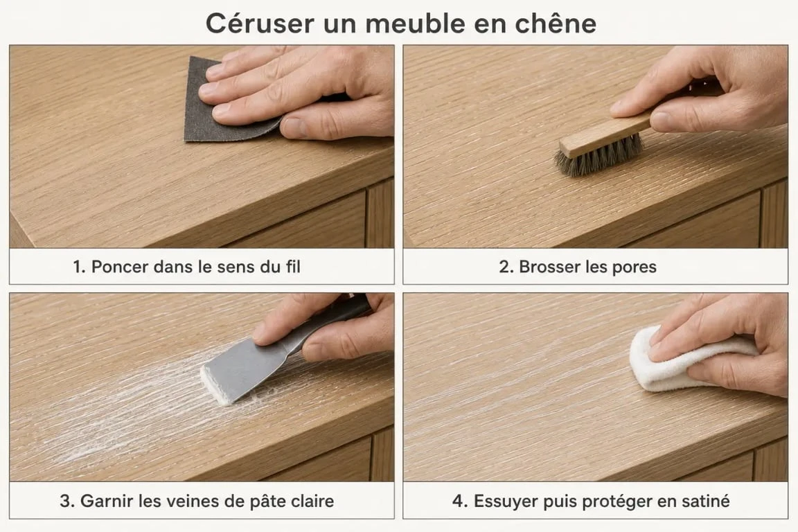 Céruser un bois : étapes de préparation, brossage, application et finition sur un meuble en chêne