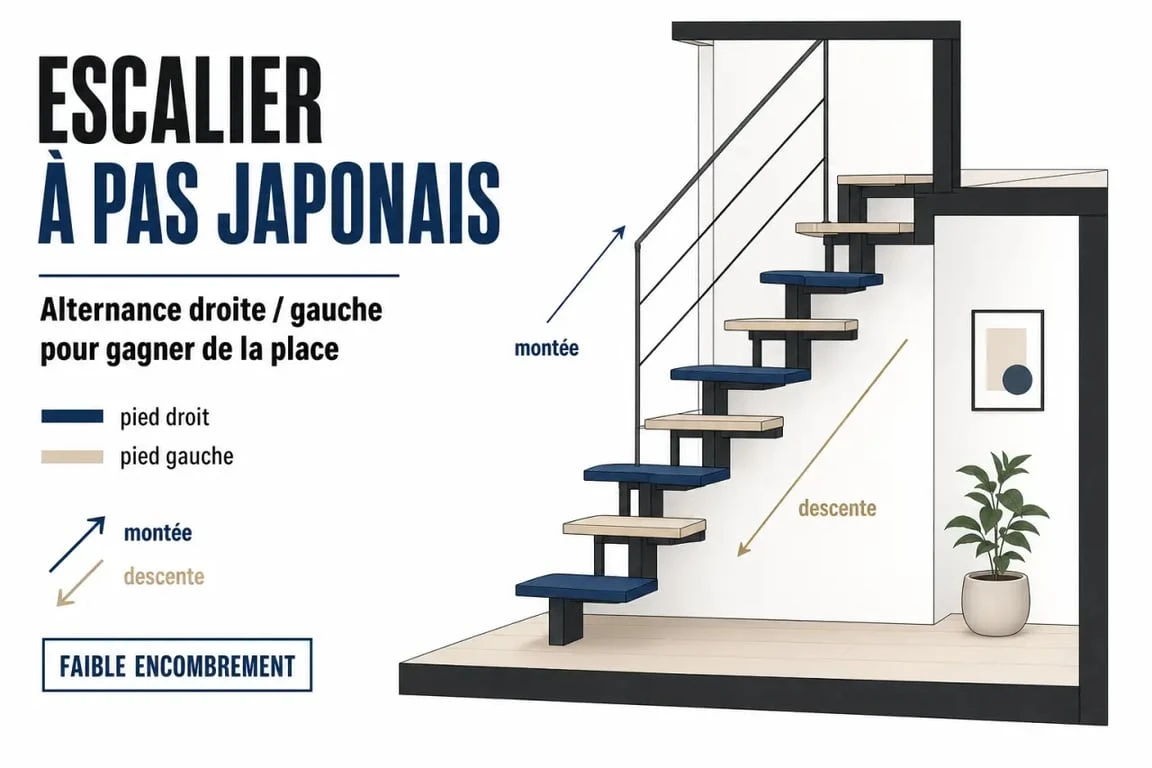 Escalier en pas japonais illustré en coupe simplifiée avec marches alternées