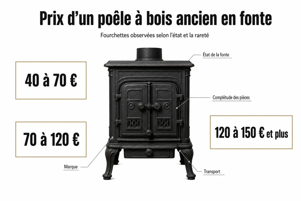 Poêle à bois ancien en fonte prix : comparaison visuelle des fourchettes de 40 € à 150 €