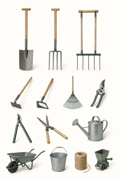 Outils de jardinage liste avec photos : sélection visuelle d’outils essentiels pour travailler la terre, tailler et arroser