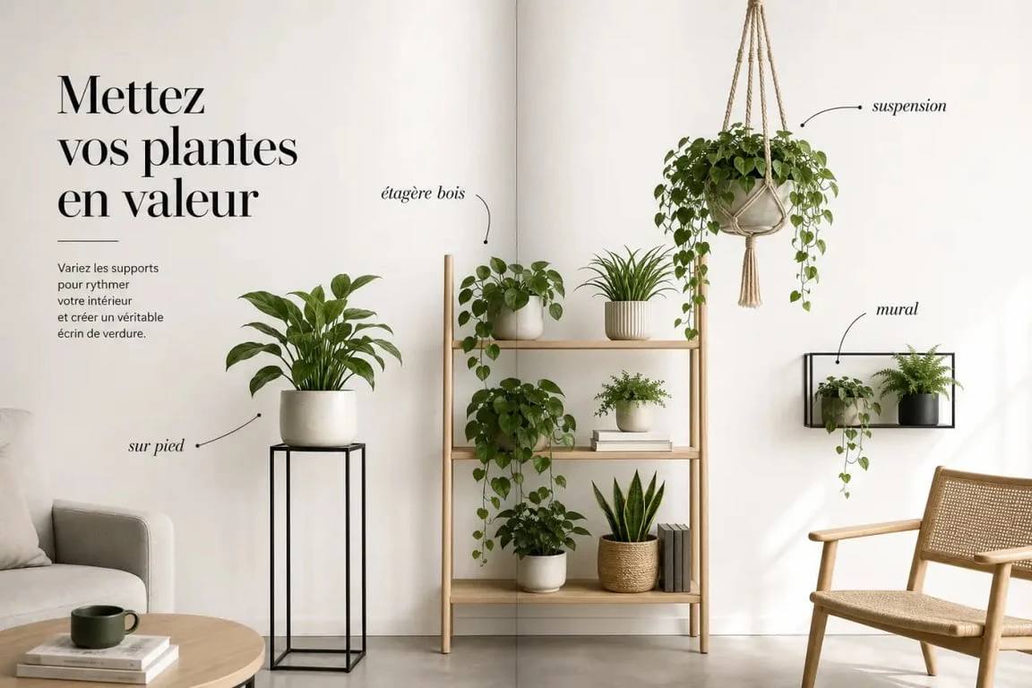 Support plante intérieur dans un salon moderne avec porte-plante sur pied, étagère et suspension