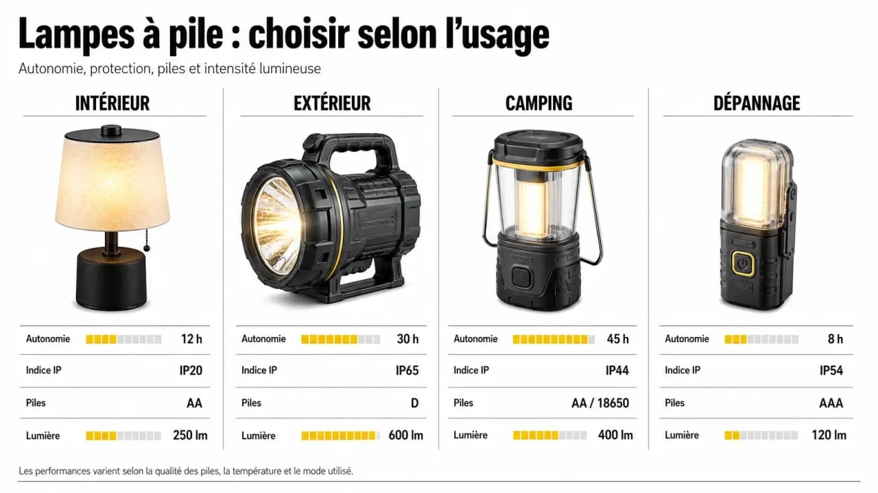 Infographie lampe à pile : comparatif des usages, autonomie, indice IP et critères de choix