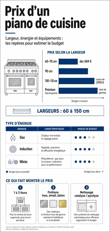 Infographie sur le prix piano cuisine avec gammes de prix, tailles et types d’énergie