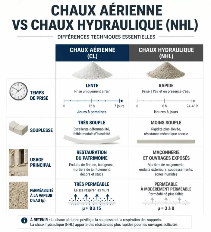 Comparatif technique entre chaux aérienne et chaux hydraulique pour enduit à la chaux