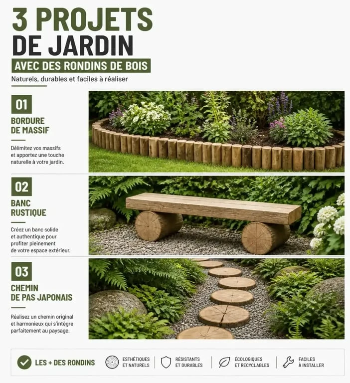 Idées d'aménagement de jardin avec des rondins de bois : bordures, bancs et pas japonais