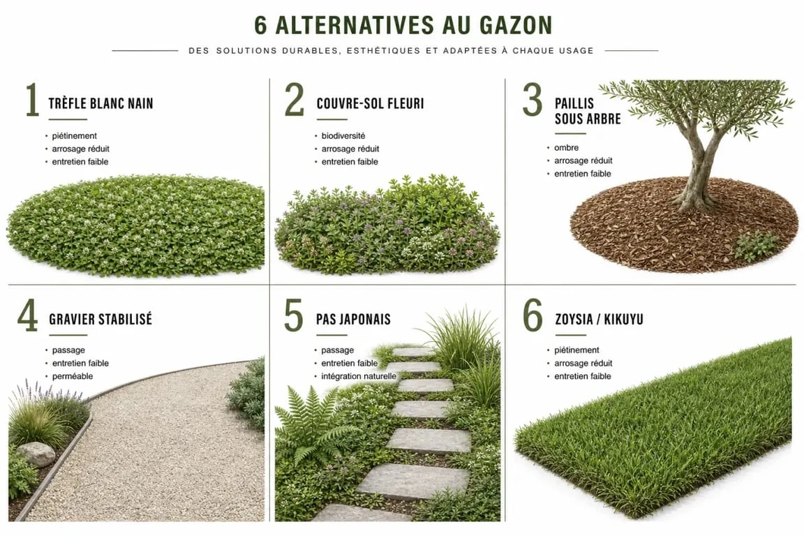 Par quoi remplacer le gazon : comparatif visuel des alternatives au gazon dans un jardin