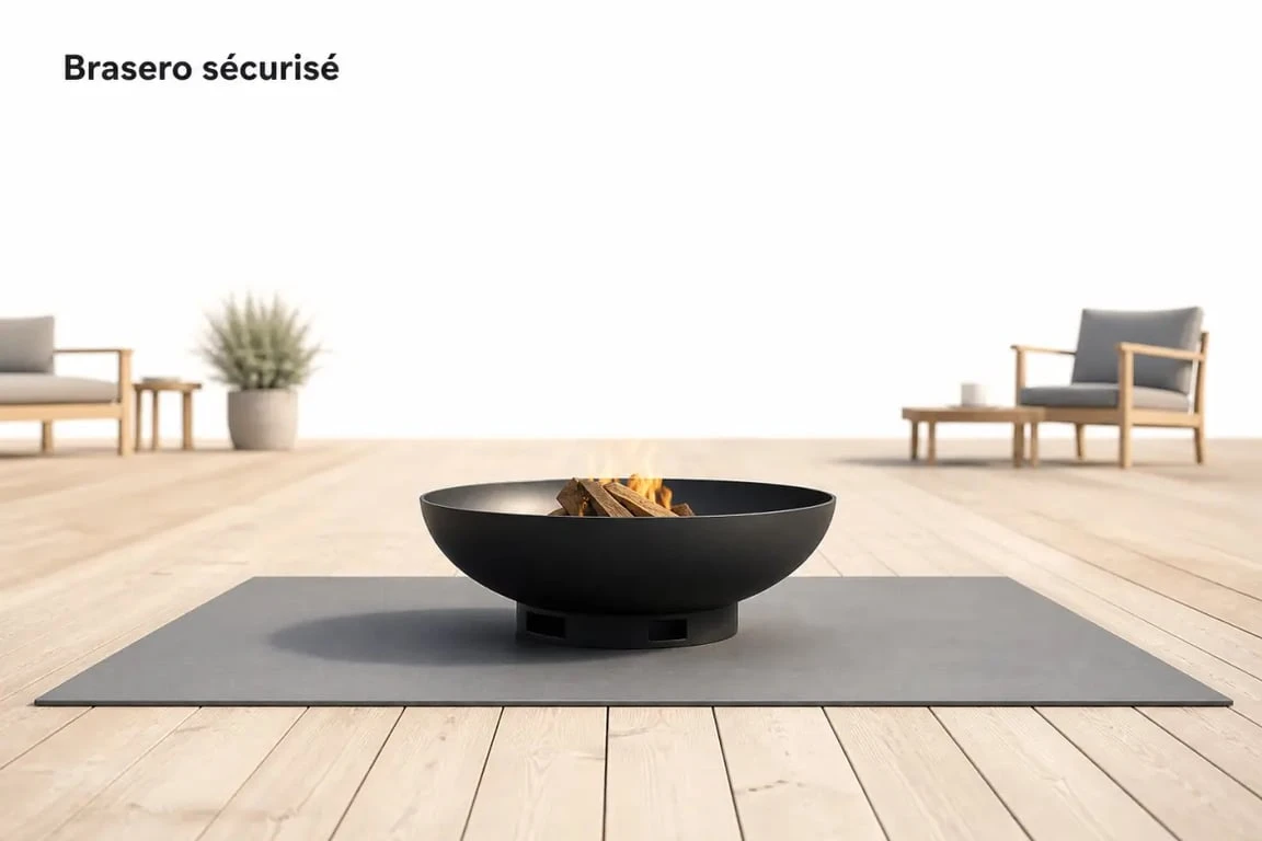 Brasero sur terrasse bois avec protection ignifugée et zone de sécurité