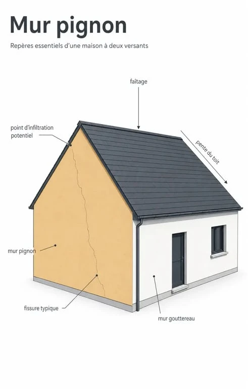 Schéma d’un mur pignon avec faîtage, toiture et zones de fissures