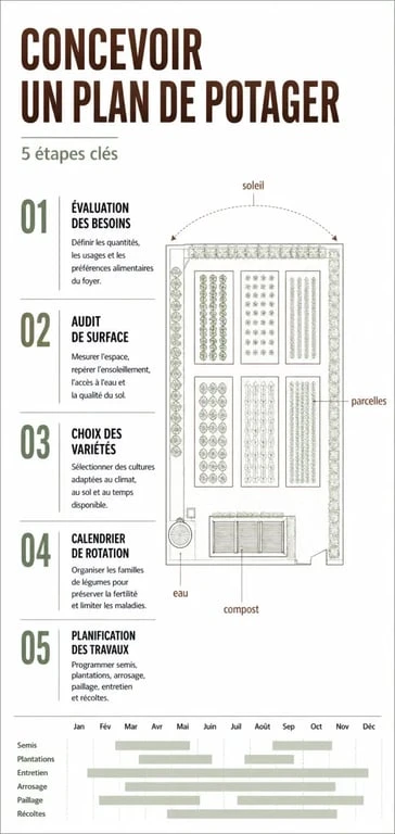 Infographie des 5 étapes pour créer un plan de potager efficace