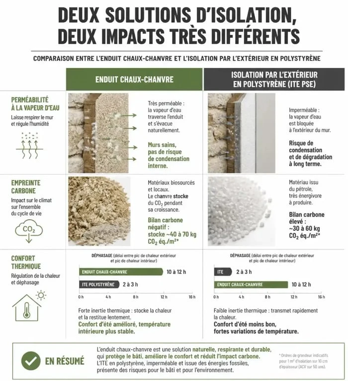 Infographie comparative : enduit chaux chanvre extérieur vs ITE polystyrène