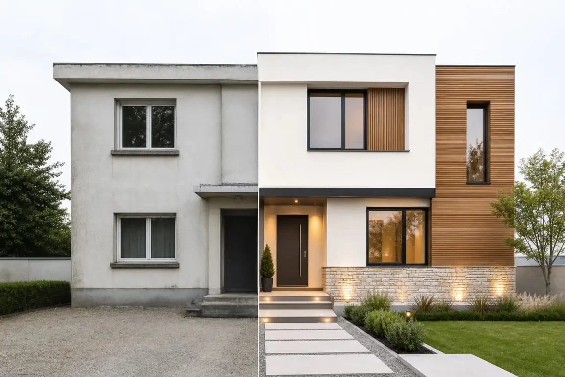 Solutions rénover ou embellir façade : maison avant/après avec enduit, bardage bois, parement et éclairage extérieur