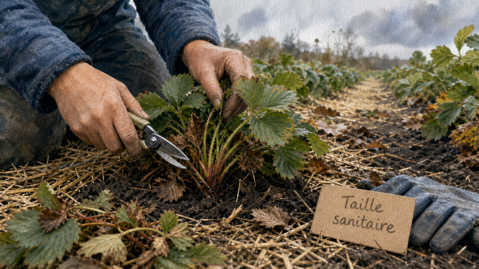 Faut il couper les feuilles des fraisiers avant l'hiver : jardinier coupe feuilles mortes