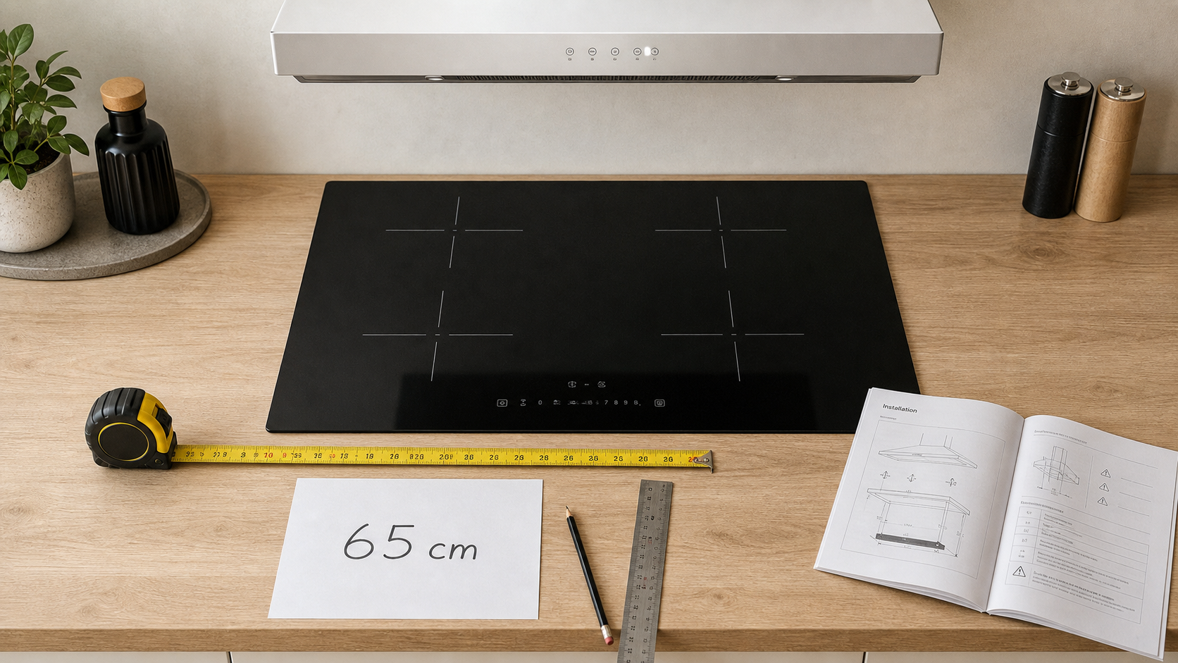 Hauteur plan de travail hotte : 65-80 cm gaz, 60-65 cm induction
