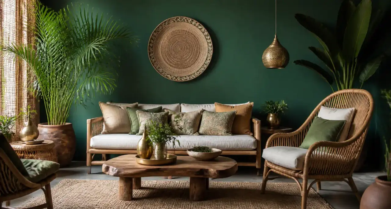 Salon ethno-chic harmonieux aux accents laiton et vert émeraude, esprit feng shui