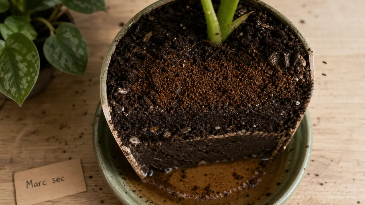 Marc de café sur plante contre moucherons : effet en surface