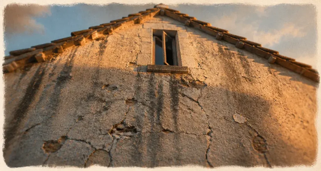 Mur pignon fissuré avec infiltrations sur enduit, rénovation