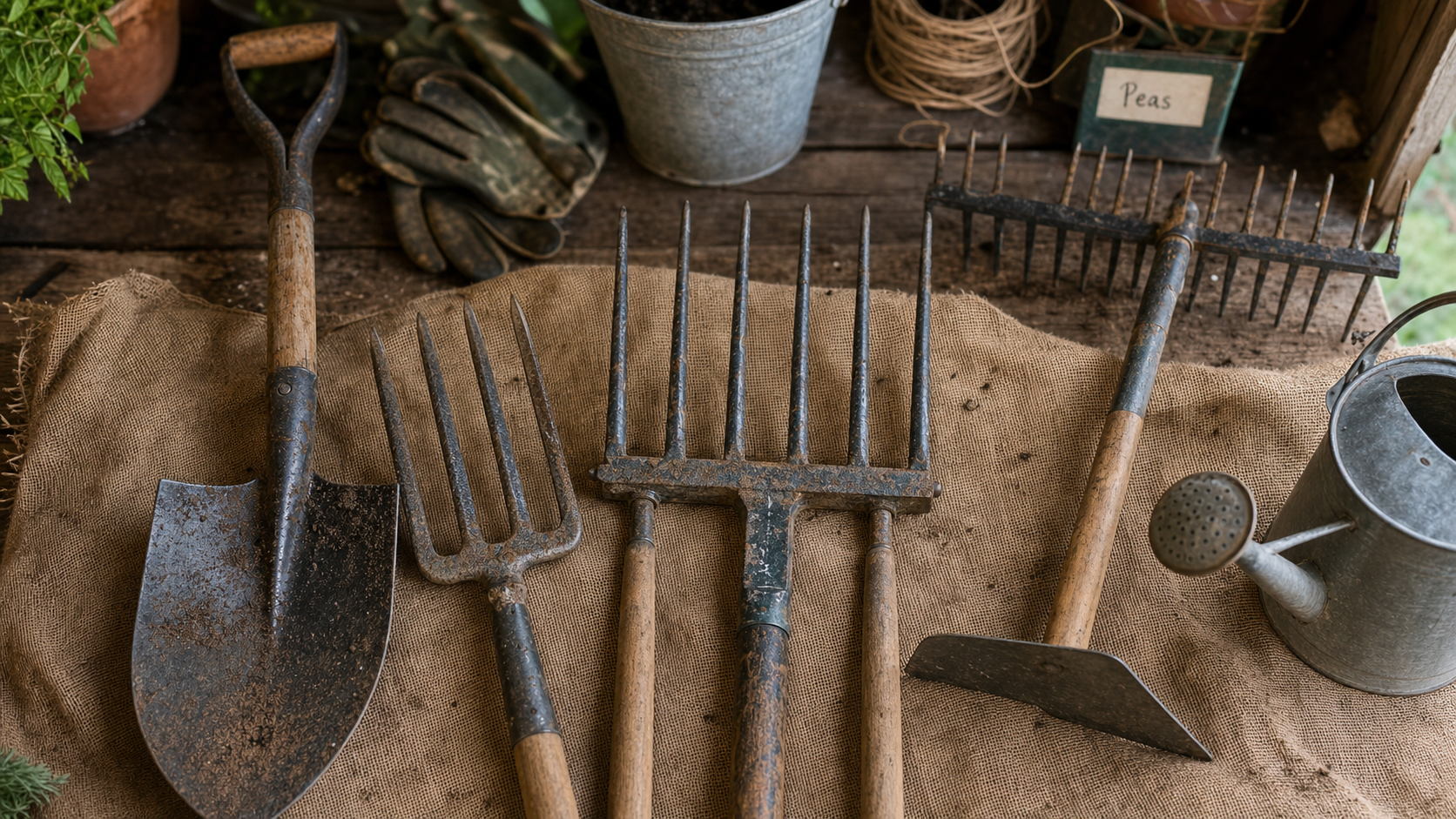 Outils de jardinage : bêche, fourche-bêche et arrosoir, liste avec photos