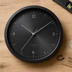 Pendule murale design noire, mécanisme silencieux, vue de dessus