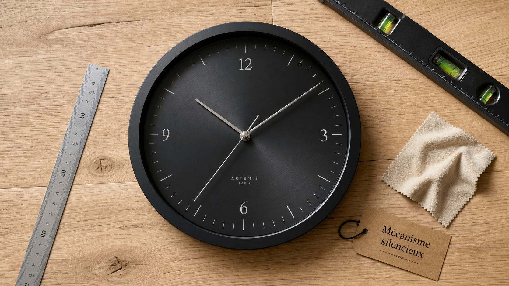 Pendule murale design noire, mécanisme silencieux, vue de dessus