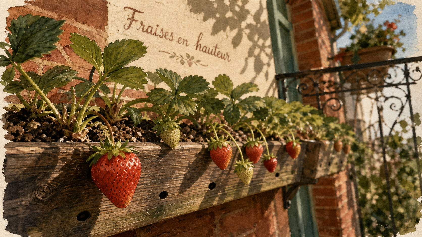 Plantation fraisier en hauteur : collet au niveau du sol, drainage visible